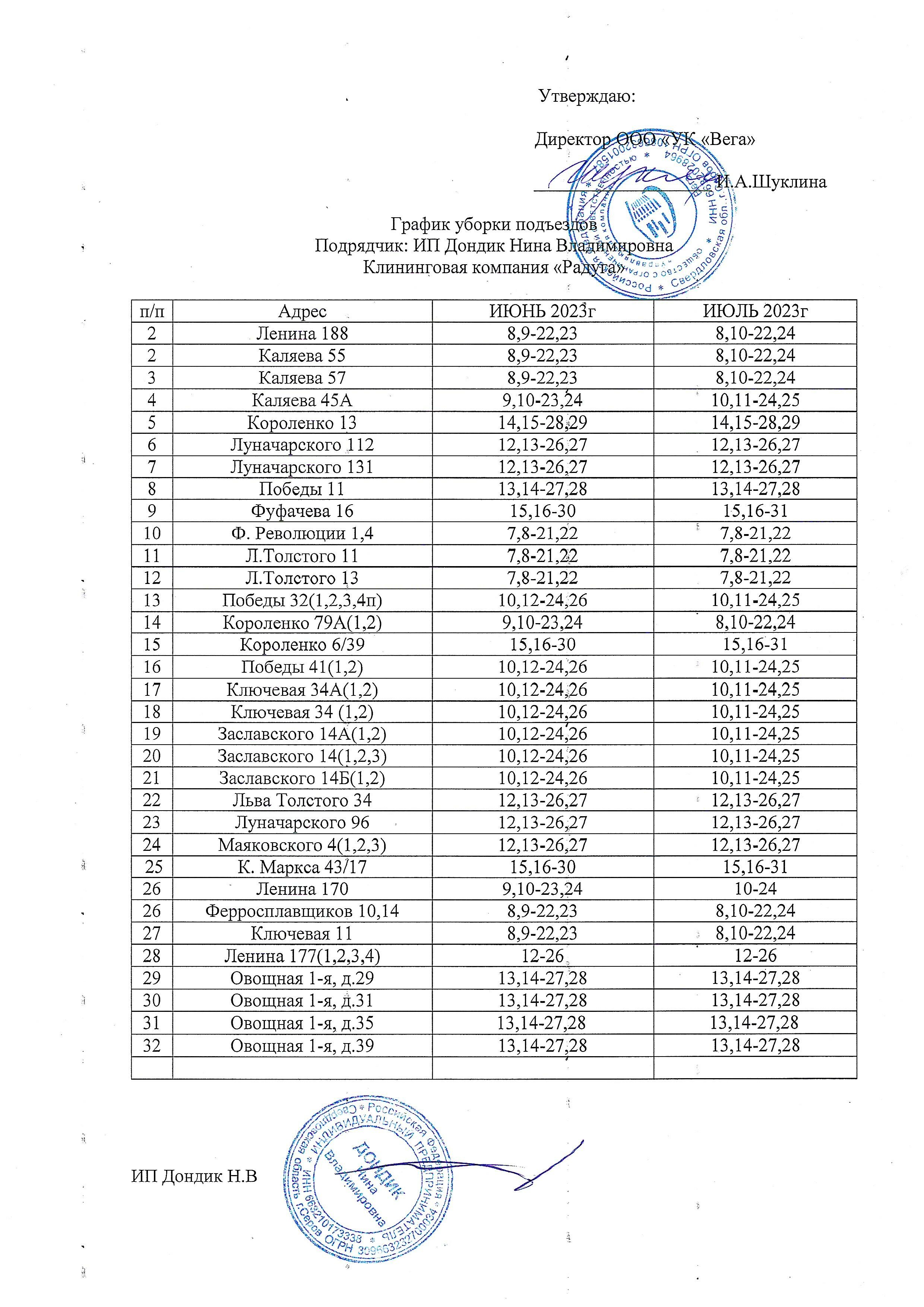 График уборки подъездов на ИЮНЬ, ИЮЛЬ 2023 года